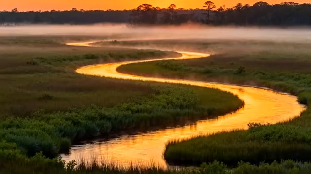  金色蜿蜒河流日出美景1043#横屏 	 