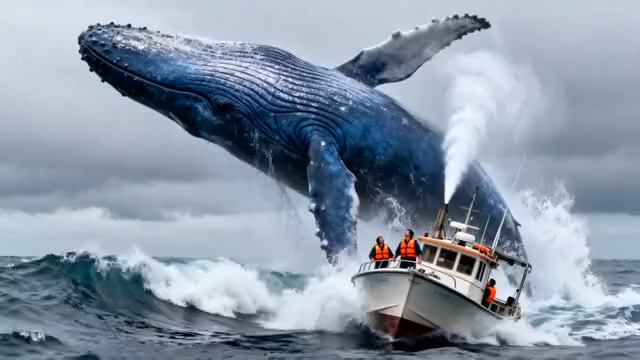  巨鲸跃出海面与渔船1077#横屏 	 