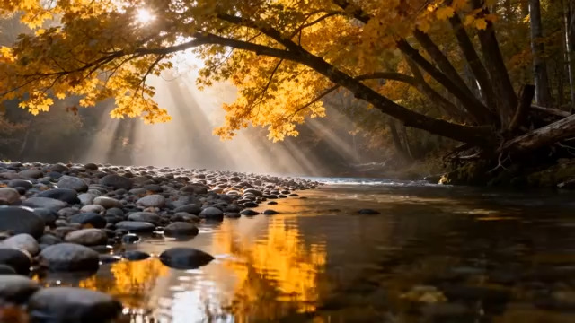  金秋阳光树林溪流982#横屏 	 