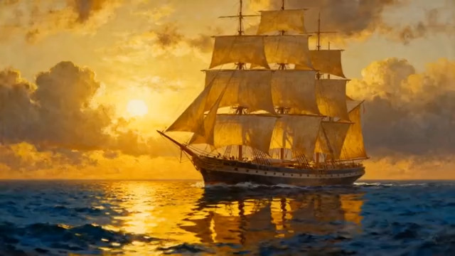  金色帆船海上航行997#横屏 	 