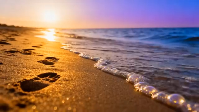  金色沙滩足迹与日落1033#横屏 	 -