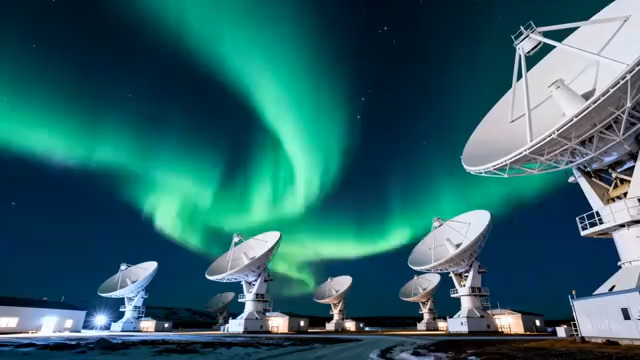  极光下的卫星天线阵列928#横屏 	 
