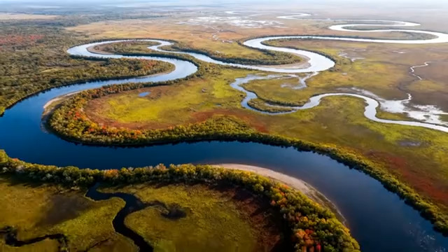  航拍湿地河流蜿蜒景观742#横屏 	 