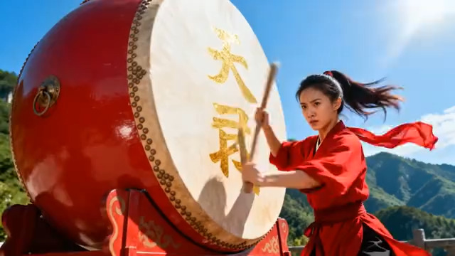  红衣女子击鼓表演1801834#横屏 	 