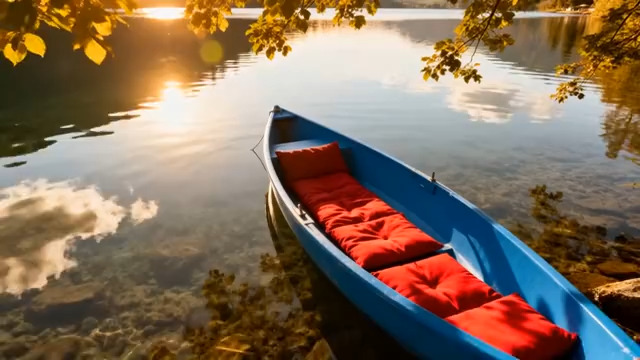  湖面蓝船与落日倒影850#横屏 	 