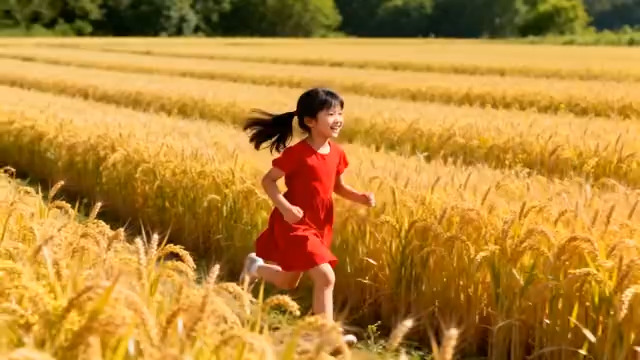  红衣女孩奔跑金色麦田831#横屏 	 