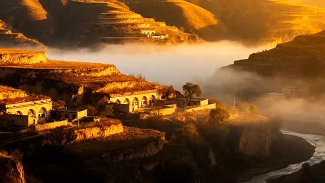  黄土高原晨曦炊烟887#横屏 	 