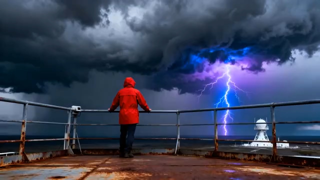  红衣人眺望闪电风暴836#横屏 	 