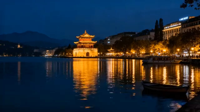  湖畔古亭夜景854#横屏 	 