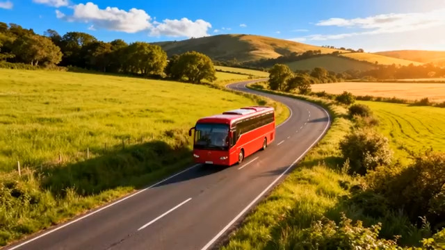  红色巴士行驶在乡间公路807#横屏 	 