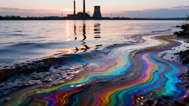  河面彩虹油污与工厂剪影773#横屏 	 