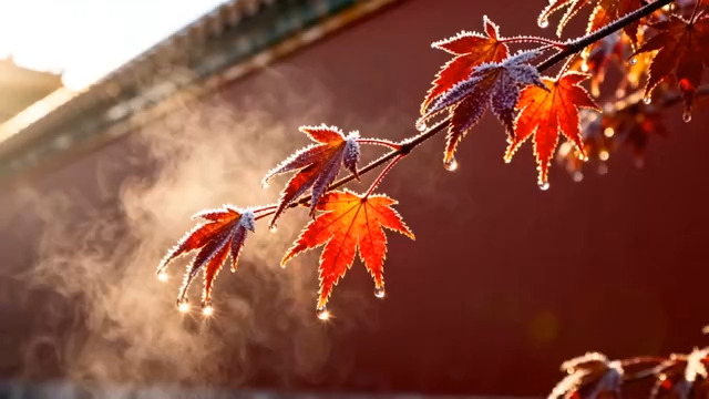  红墙枫叶晨雾意境802#横屏 	 