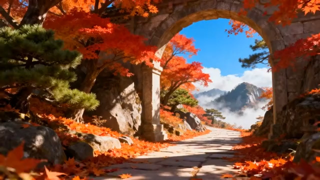  红枫拱门下的石径秋景796#横屏 	 