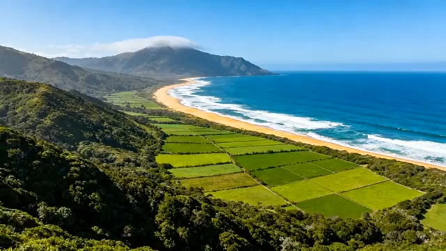  航拍海岸线绿色田野708#横屏 	 -