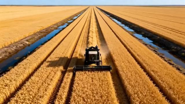 航拍收割机麦田作业743#横屏 	 