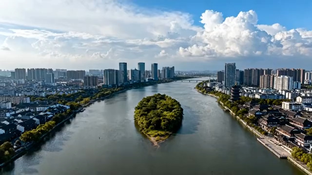  航拍城市河流景观698#横屏 	 