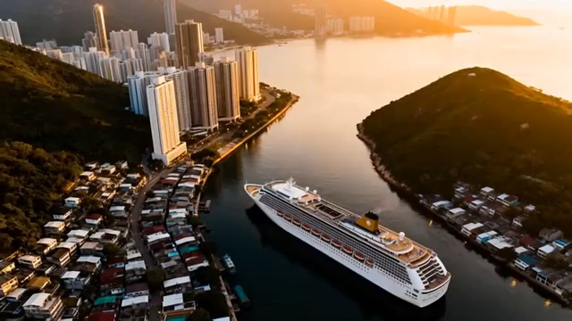 航拍港口豪华邮轮日落706#横屏 	 