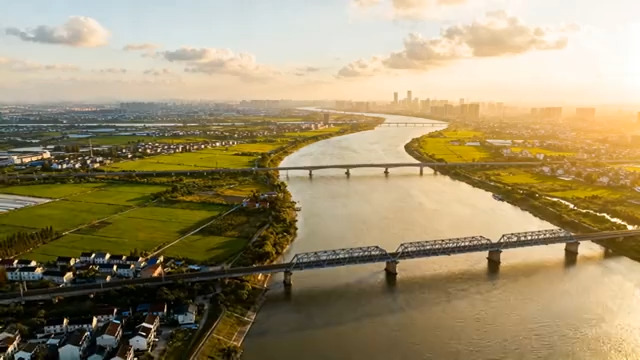  航拍河流桥梁日落景色716#横屏 	 