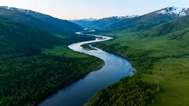  航拍蜿蜒河流与雪山752#横屏 	 