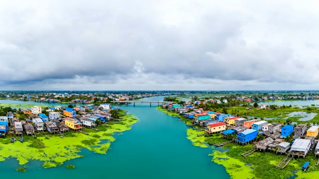  航拍水上村庄全景744#横屏 	 