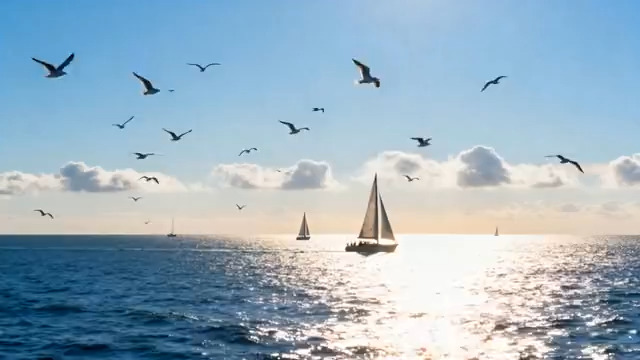  海上帆船与海鸥群飞643#横屏 	 