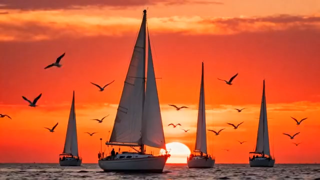  海上日落帆船剪影1401670#横屏 	 