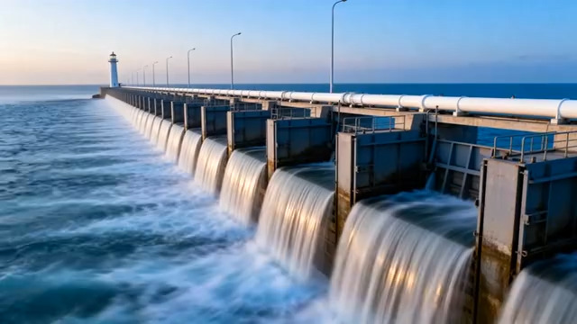  海上堤坝排水壮观景象641#横屏 	 