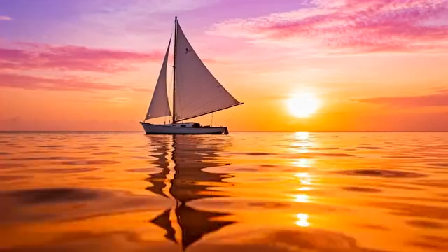  海上日落帆船剪影669#横屏 	 