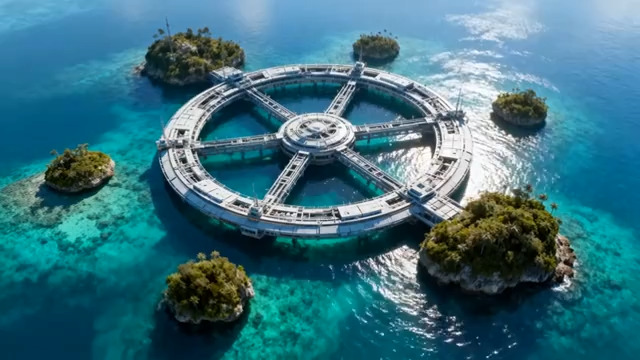  海上圆形建筑航拍677#横屏 	 