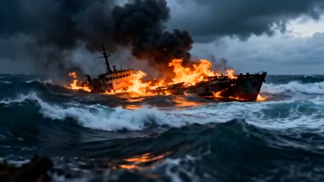  海上燃烧的船只656#横屏 	 