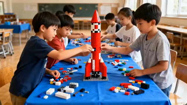  孩子们合作搭建乐高火箭586#横屏 	 
