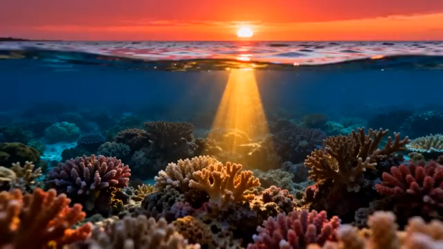  海底珊瑚群与日落光芒612#横屏 	 