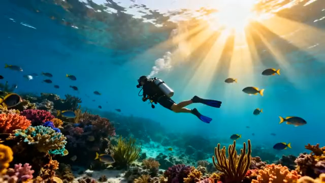  海底潜水员与彩色珊瑚610#横屏 	 