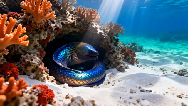  海底洞穴中的蓝环海鳗603#横屏 	 