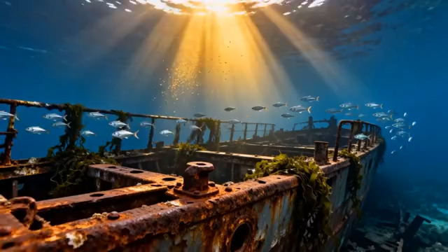  海底沉船残骸与金色光束601#横屏 	 