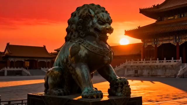  故宫铜狮与落日余晖572#横屏 	 