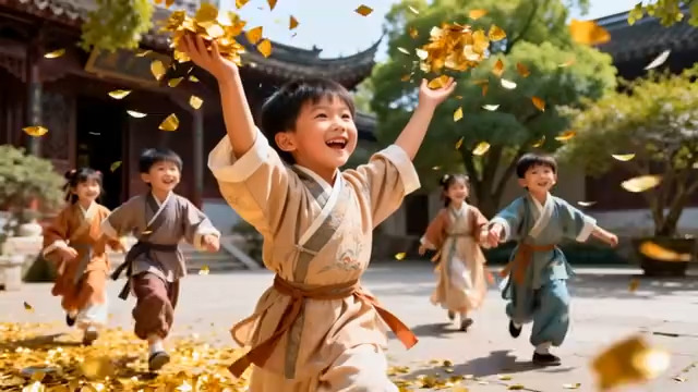  古装孩童嬉戏抛洒落叶562#横屏 	 