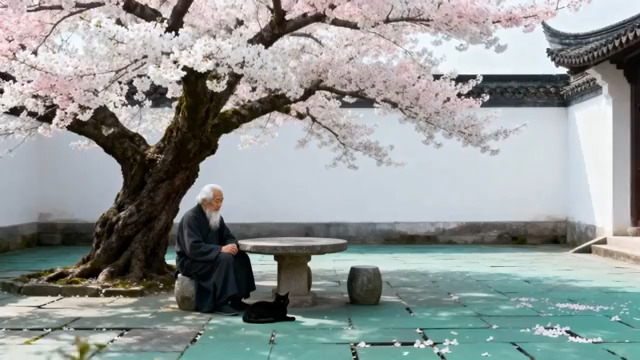  古寺樱花下的老者554#横屏 	 