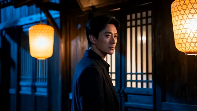  古风夜景下的沉思男子543#横屏 	 