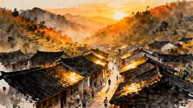  古村夕阳水墨画525#横屏 	 