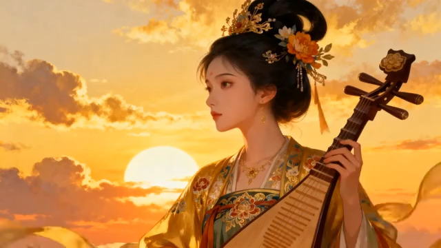  古风女子夕阳弹琵琶539#横屏 	 
