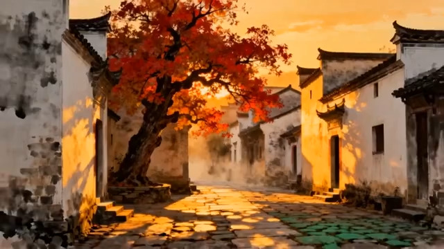  古村红叶黄昏美景523#横屏 	 