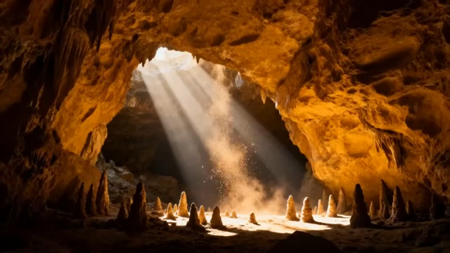  洞穴阳光光束穿透347#横屏 	 