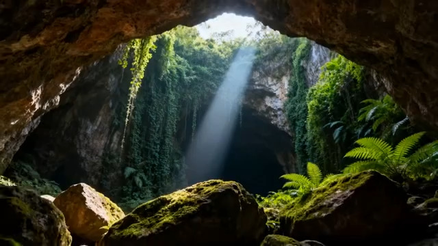  洞穴秘境瀑布光影345#横屏 	 