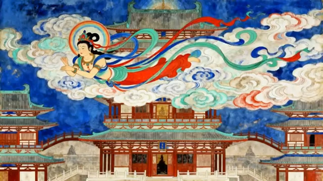 敦煌飞天仙女壁画355#横屏 	 