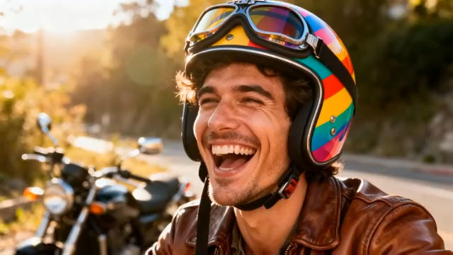  戴彩色头盔的快乐男人300#横屏 	 