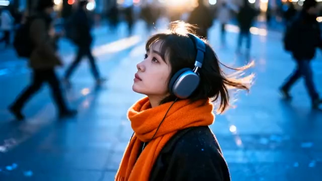  冬日街头听歌的女孩326#横屏 	 