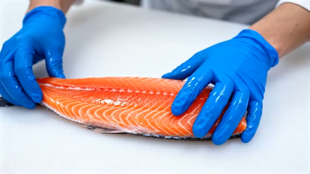  处理新鲜三文鱼特写250#横屏 	 