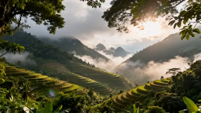  晨曦云雾中的梯田美景170#横屏 	 