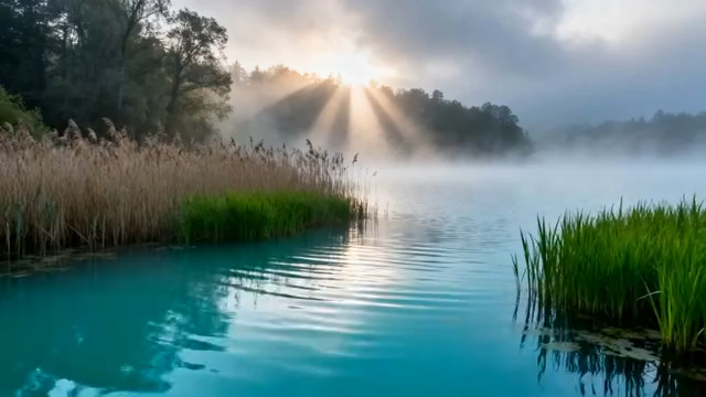  晨曦雾霭湖光美景168#横屏 	 